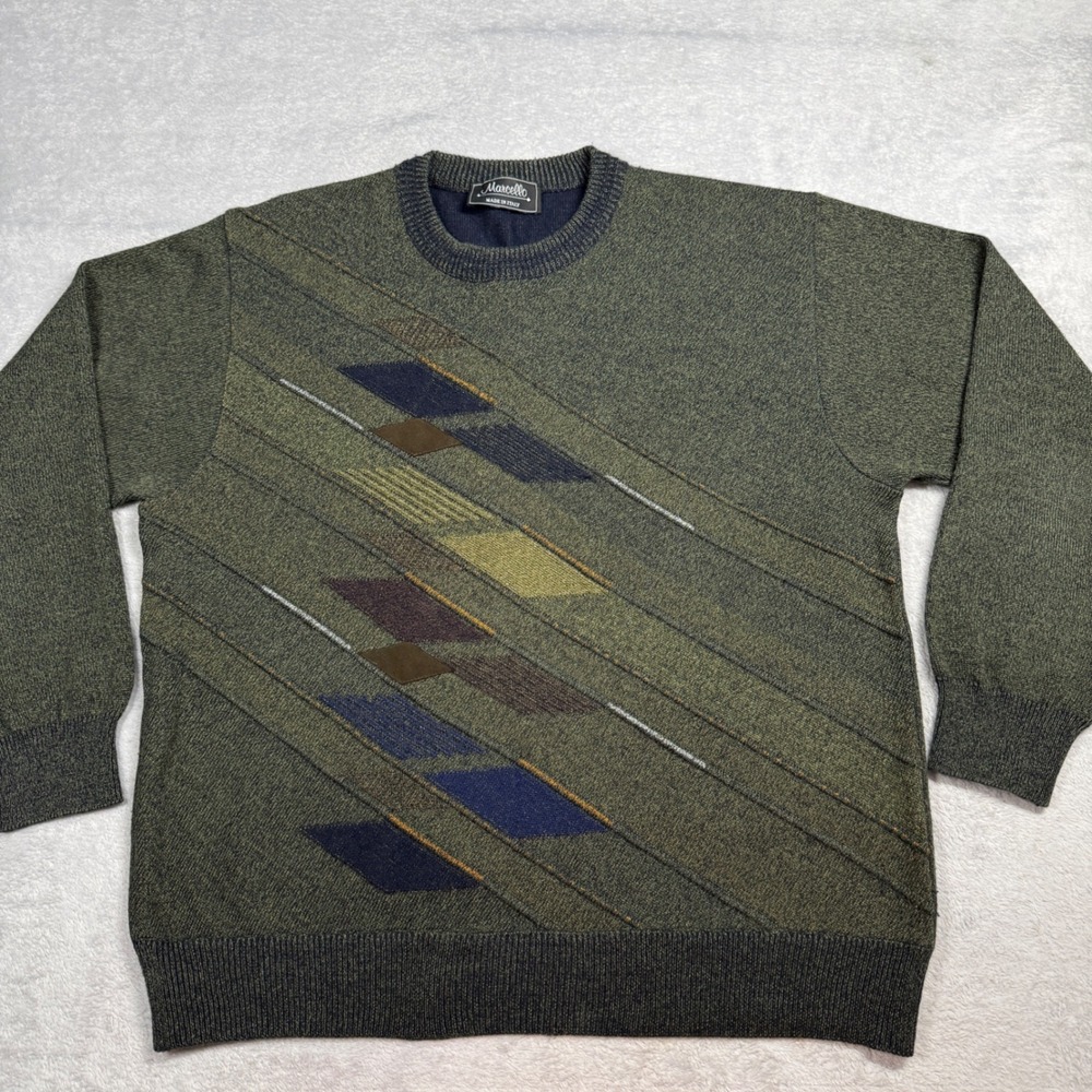 Marcello‎ Large Sweater Mens Green Wool Blend Made in Italy Geometric Crewneck